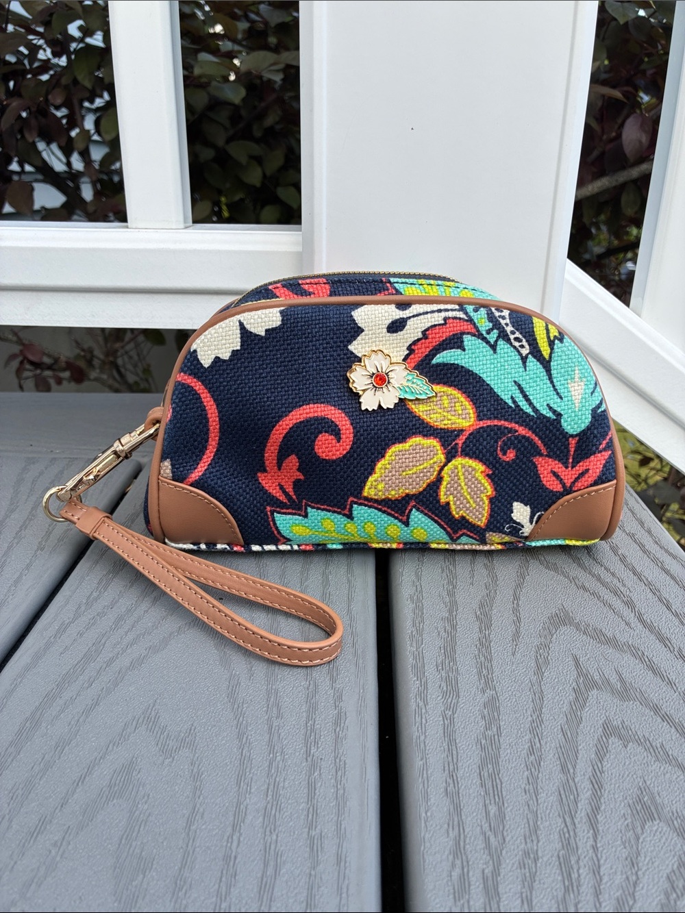 Spartina 449 Linen & Leather Wristlet Cosmetic Bag Floral Multicolor